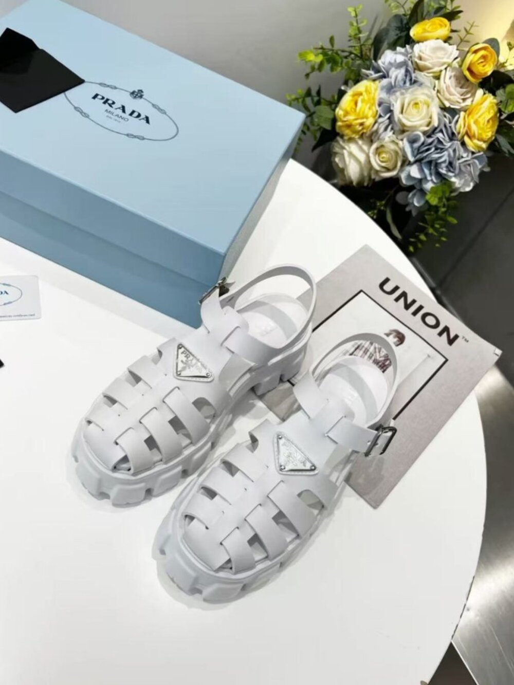 Prada White Rubber Monolith Triangle Logo Platform Fisherman Sandals